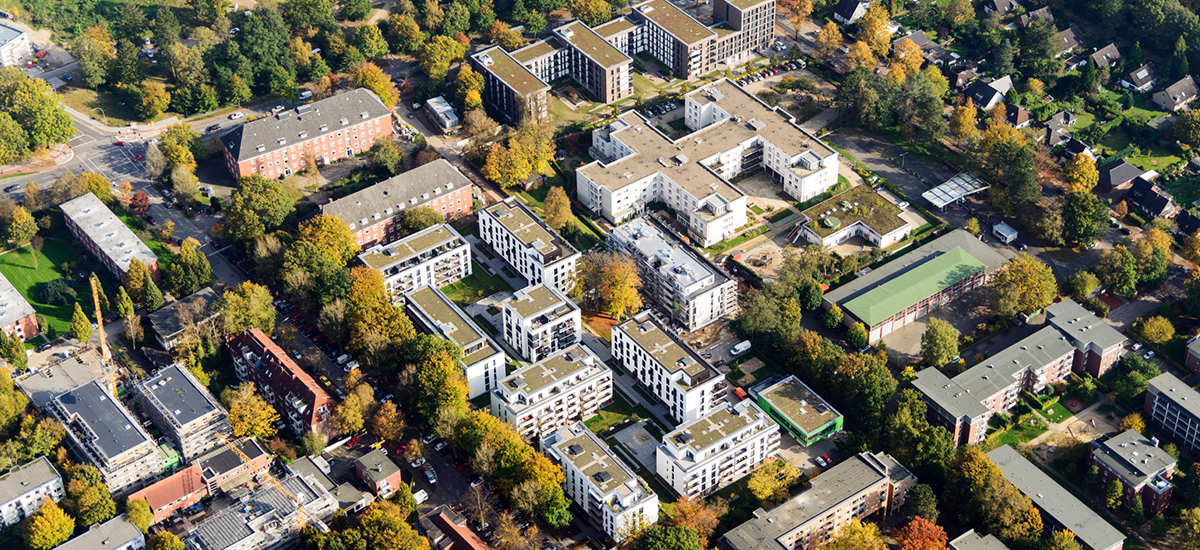 Luftbild vom nachhaltigen Neubauquartier Alsterberg